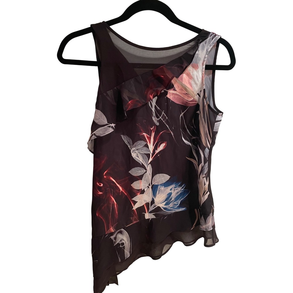 White House Black Market Floral Asymmetrical Ruffle Sleeveless Blouse XXS